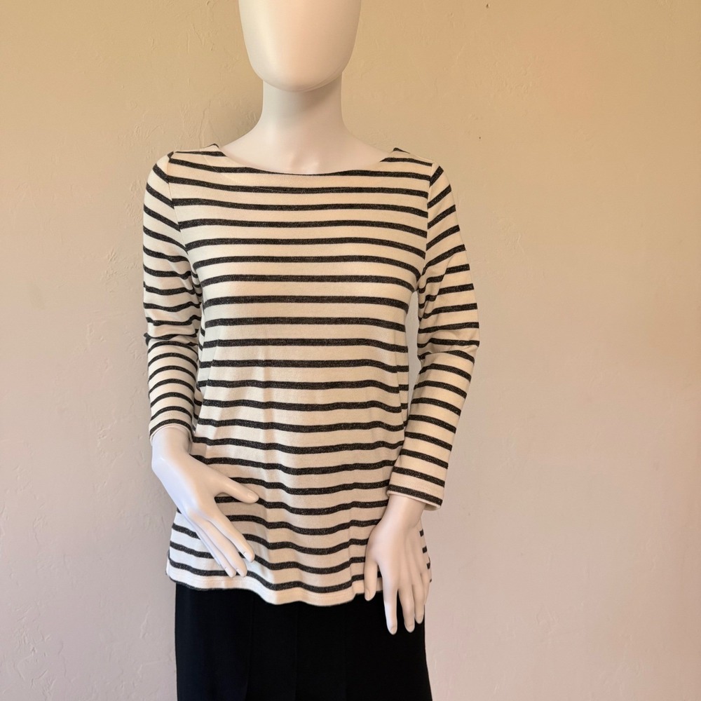 NWT LOFT Women's Striped Crossover Back Boat Neck Sweatshirt‎ Top Navy Ivory XXS